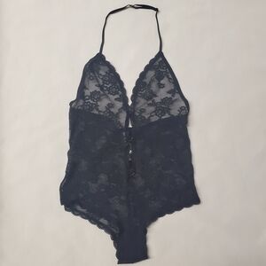 NWOT Victoria's Secret XS Vintage Y2K Black Lace Halter Teddy Bodysuit